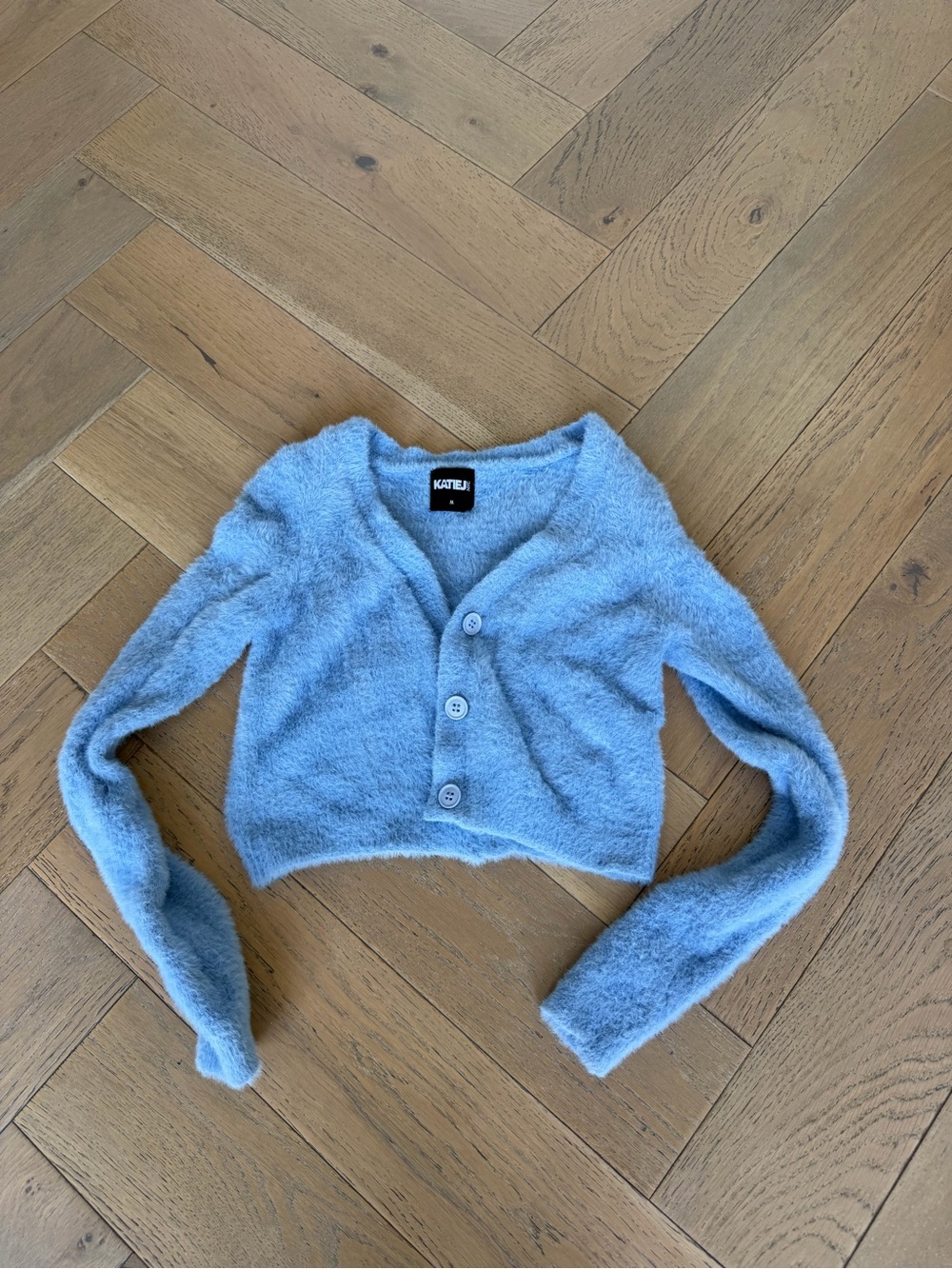 Katie J NYC Pale Blue Fuzzy Cropped Cardigan